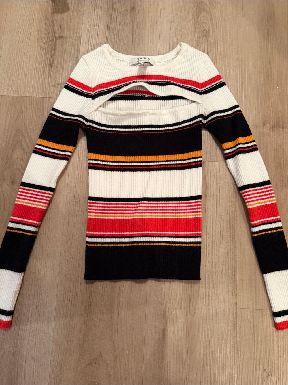 Forever 21 White Ribbed Cutout Sweater with Red, Black & Yellow Stripes